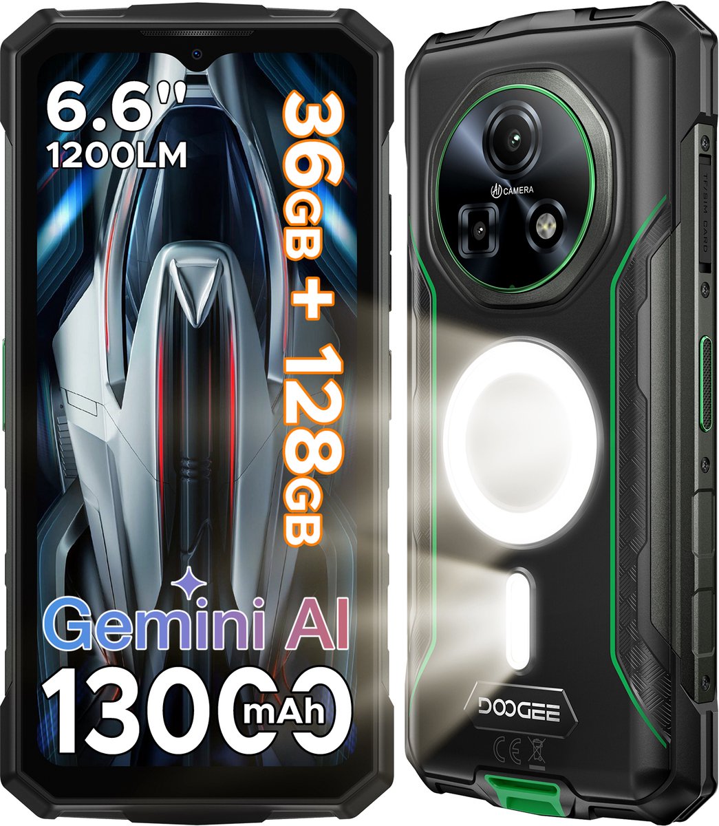 DOOGEE Fire 5 Ultra - Smartphone - Robuuste Smartphone - 36GB RAM + 128GB ROM/2TB TF - Android 16 - 13000mAh/18W - 6,6 inch 90Hz Scherm - IP68 Waterdicht - 1200LM Kampeerlamp - Gemini AI - NFC & GPS - Face ID - Groen