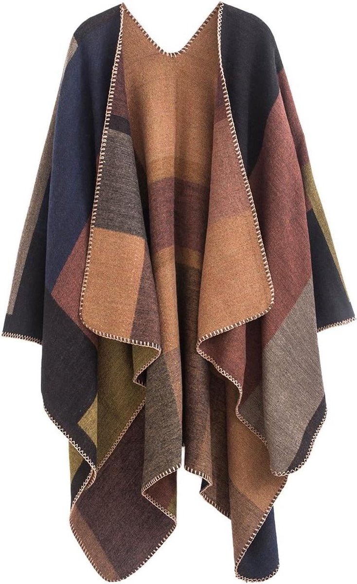 Dames Sjaal Cape - Oversized Poncho - Warmte en Stijl - Vintage Kleurblok - One Size - Multicolor