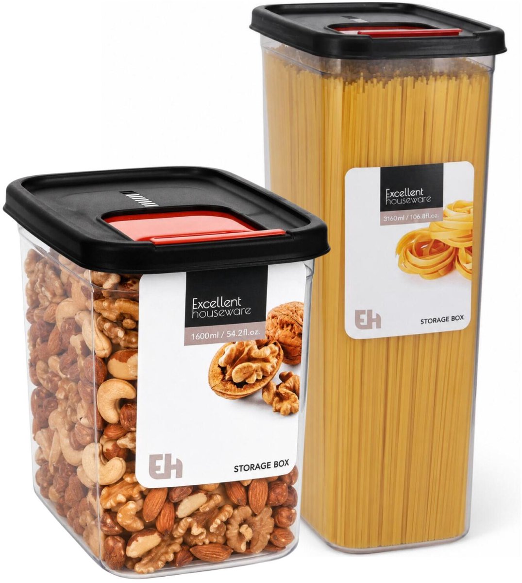 Voedselcontainer strooibus - 4x - 1600 / 3100 ml - kunststof - zwart - opbergen