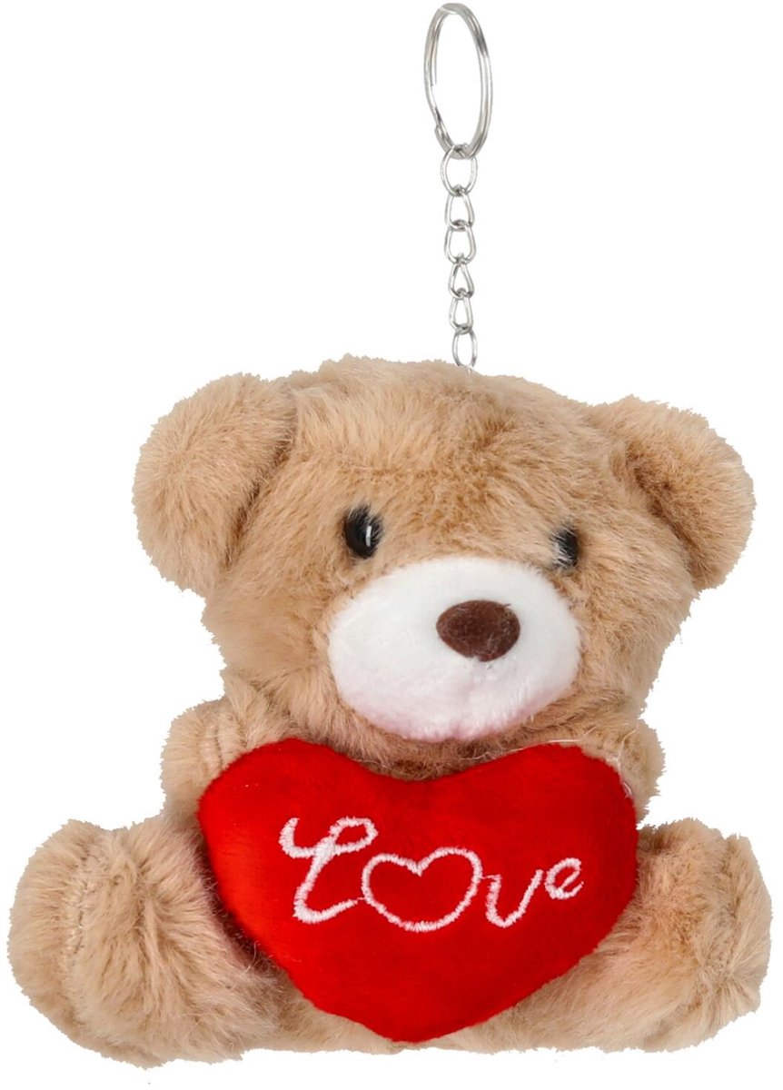 Cepewa Sleutelhanger beertje love - bruin - H10 cm - pluche - knuffelbeer - valentijnsdag