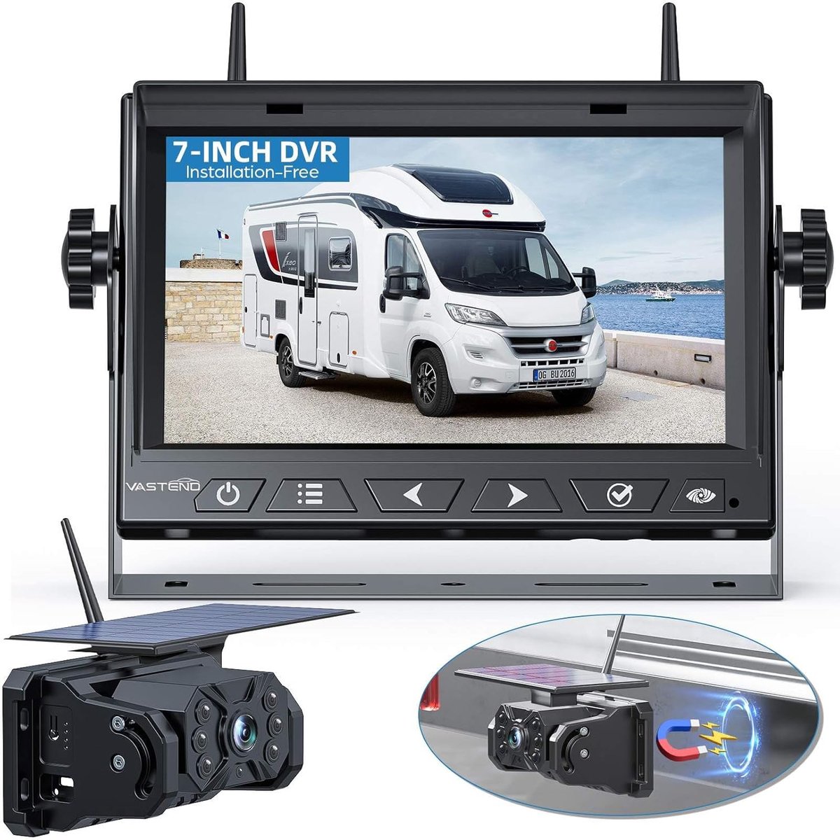 Thijox - Draadloze Achteruitrijcamera Set op Zonne-energie 7 Inch, 10.000 mAh, Magnetische Camera, 170 Graden Groothoek, Doe-Het-Zelf Installatie voor