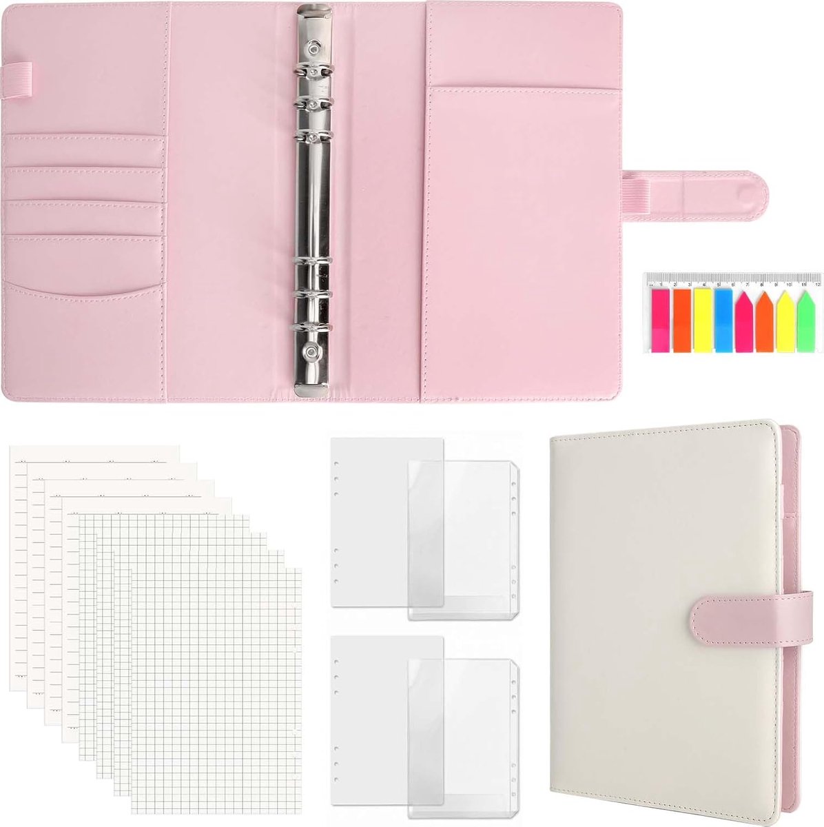 SnelShoppen - A5 Ringband Navulbaar Notitieboek PU-leer met Magneetsluiting, 6 Ringen, Scheidingsbladen, Kaartvakken, Penlus, Wit/Roze voor School, Ka