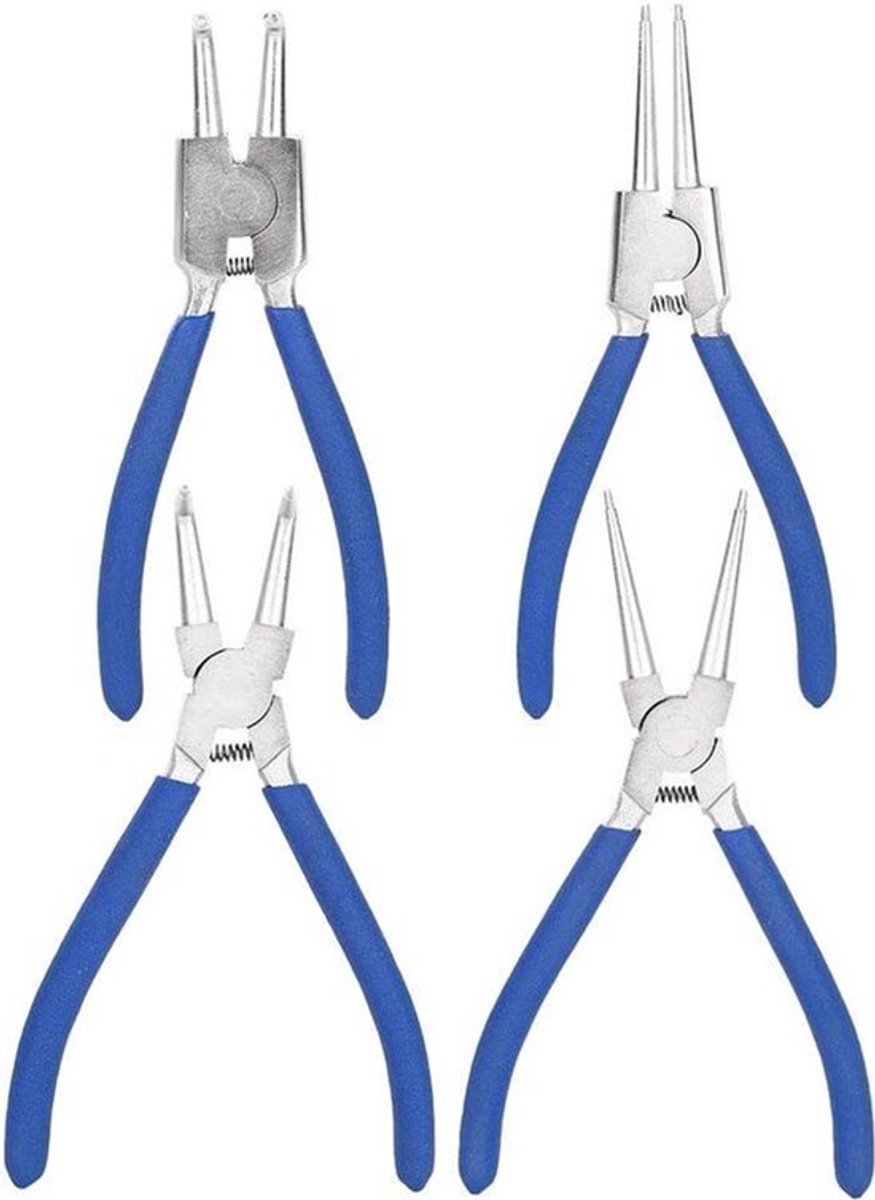 4-delige professionele 175 mm Borgringtangset | Met Interne Terugstelveer | Rechte en Gebogen Tangen | Voor Externe en Interne Demontage en Houder