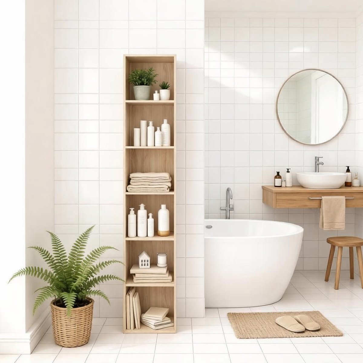 OKWISH Boekenkast – 6 Vakken – 30 x 24 x 158,4 Cm – MDF En Spaanplaat – Eikenkleur – Open Opbergkast Voor Woonkamer Of Badkamer