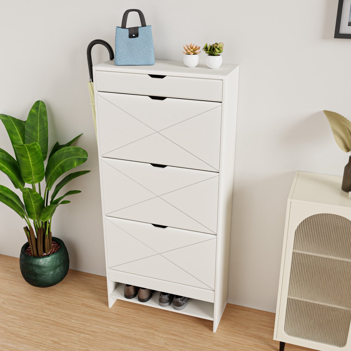 Wishdor - Schoenenkast - 3 klapvakken en opberglade - smal hoog model - voor hal en gang - bewerkt hout - wit - 63 x 26 x 136,5 cm