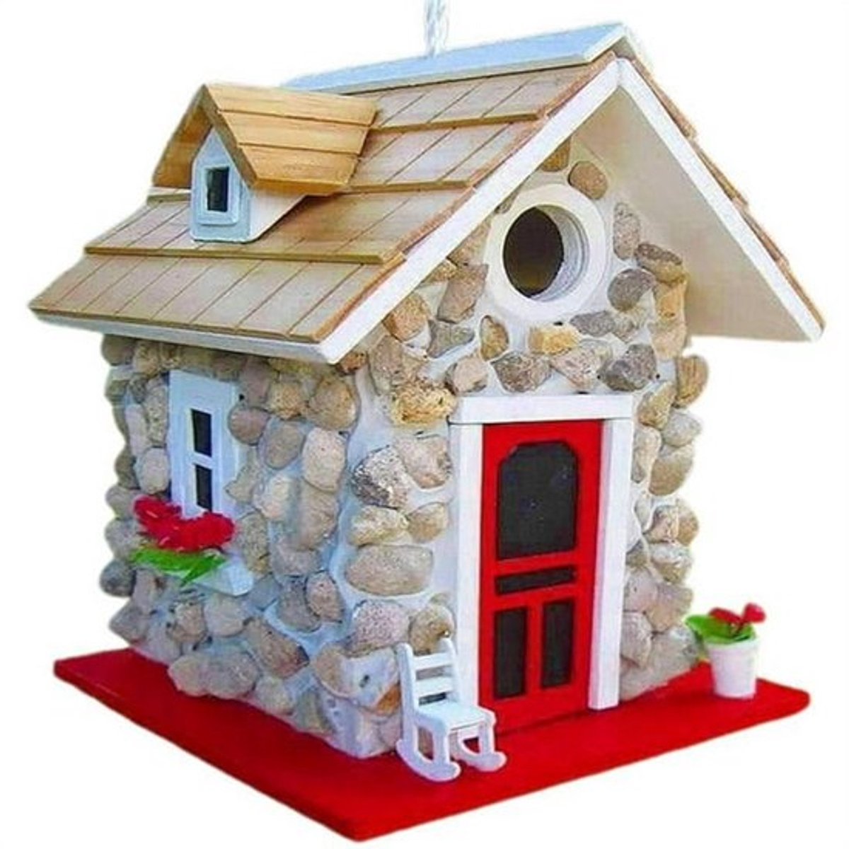 Hangend vogelhuisje decoratief kleurrijk, stenen cottage-stijl vogelhuis voor buiten tuin balkon terras, 1 stuk, harsmateriaal, 16*15*20cm