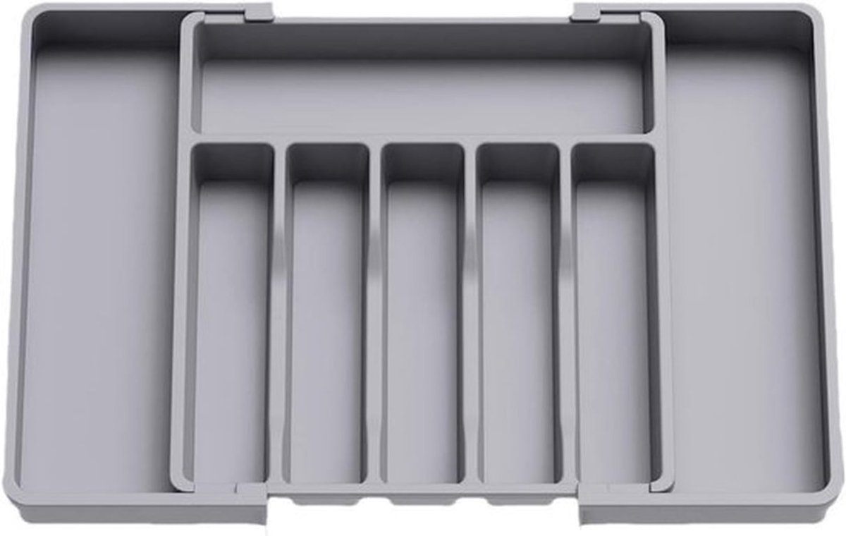 Besteklade-organizer, uitschuifbare besteklade, grote keukenlade-organizer, verstelbare plastic bestekorganizer, geschikt voor bestek, lepels en messen (grijs).