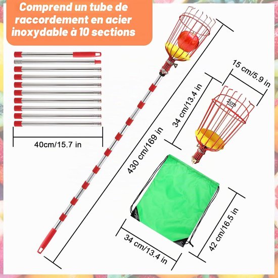 Telescopische fruitplukker, 4,2 m afneembare fruitplukker, tang met roestvrijstalen mand, fruitplukker met lichtgewicht verstelbare staaf, perenperzik tuinplukgereedschap - Appelplukker, telescopische pruimenplukker, klauwhaak, schuimkussen — afbeelding 2