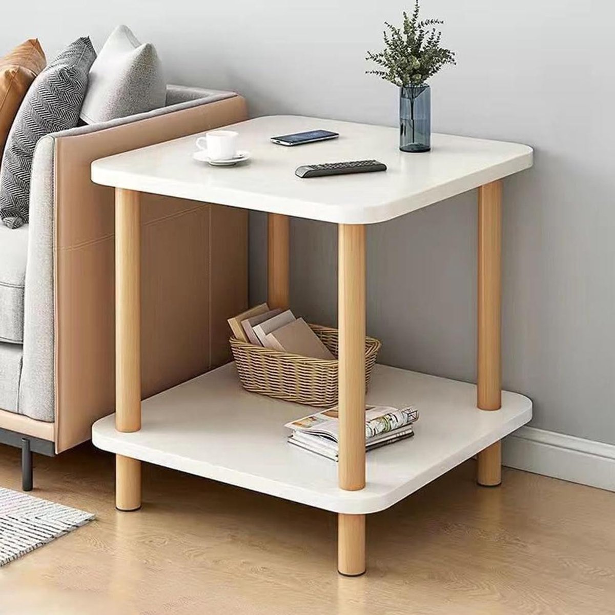 Vierkante bijzettafel - Accenttafel - Woonkamer decoratie - Met 2 niveaus - 50x53cm - Wit