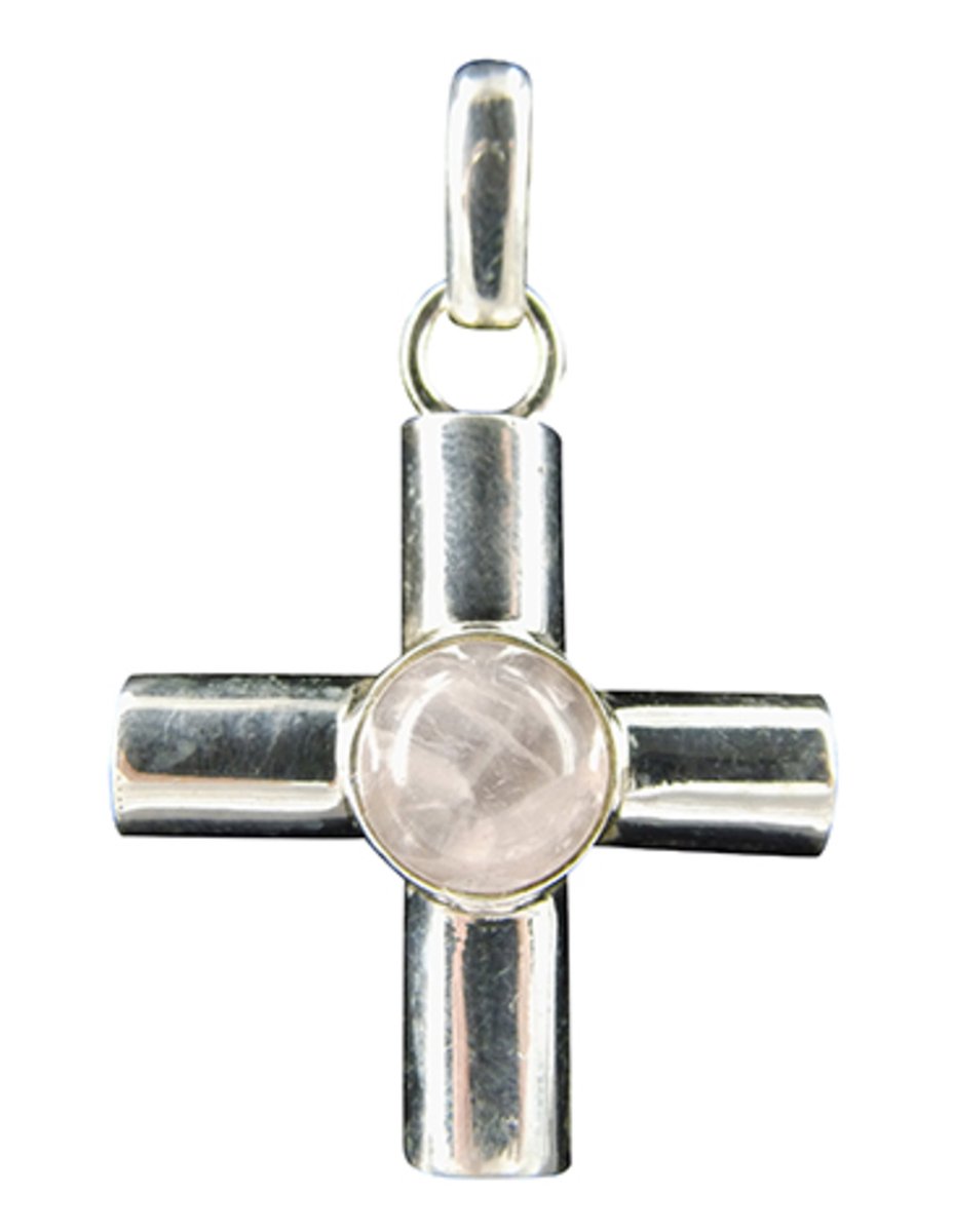 Roze kwarts hanger in zilver breed kruis