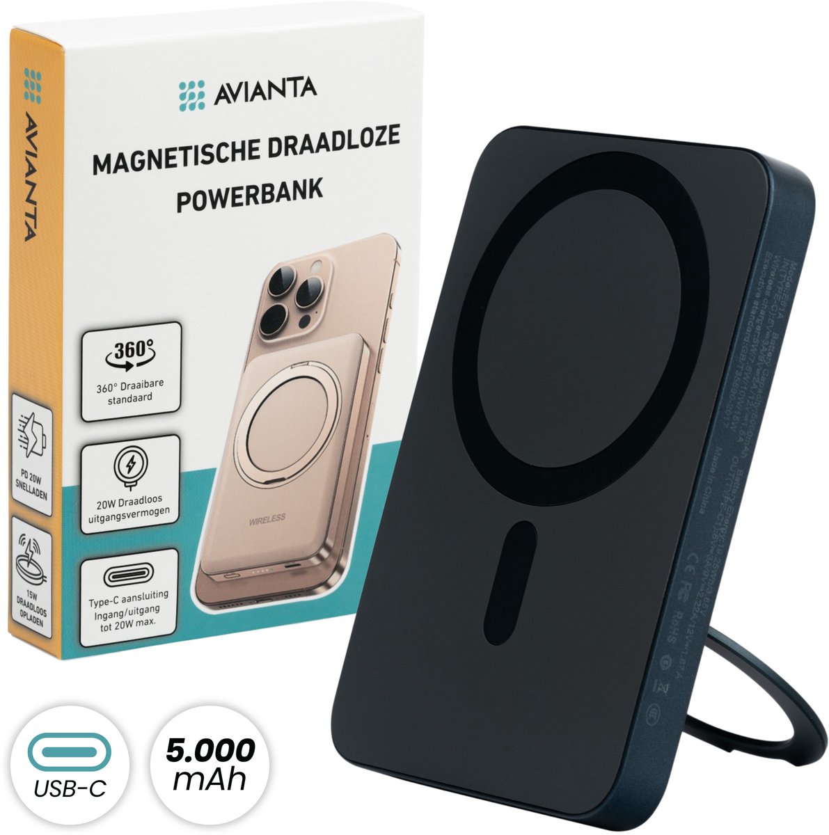 Avianta Magnetische Powerbank 5.000 mAh - Geschikt voor MagSafe - Draadloze Snellader 15W - Met Ringstandaard - Compatibel met iPhone & Android - Compact - Noodpakket - Zwart