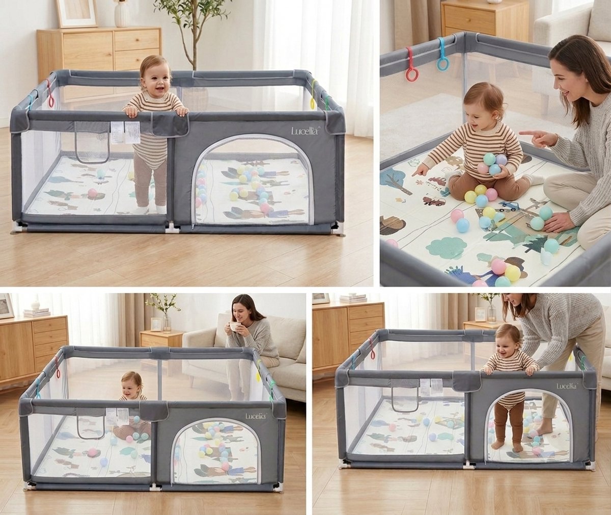 Lucellia® Grondbox Baby 150x180 cm – Speelbox met Dubbelzijdige Speelmat & 30 Speelballen – Kinderbox, Playpen & Baby Box – Draagtas – Donkergrijs – foto 5
