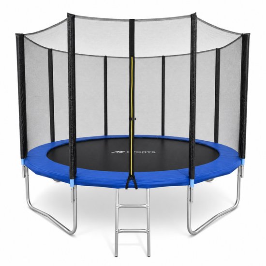 Een blauwe ronde trampoline met zwart veiligheidsnet en zilverkleurige poten staat op een witte achtergrond.