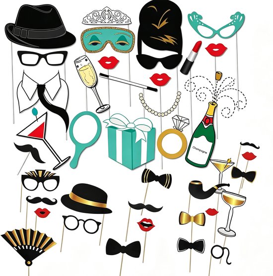 Kaiyaya - Photobooth props set 40 stuks - Leuke foto's maken - Fotohokje rekwisieten - DIY, Verkleden - Feest, Bruiloft, Verjaardag - Zwart, Goud, Turquoise