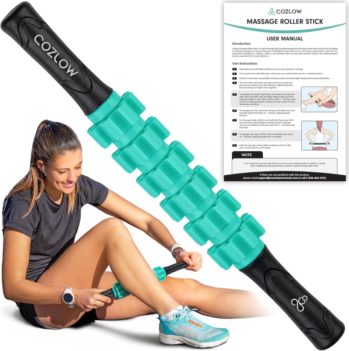 Thijox - Spierroller Stick Groen - Lichaamsmassagehulpmiddel met 6 Rollers en Antislip Handgrepen voor Diepe Weefselmassage en Spierherstel - Massage