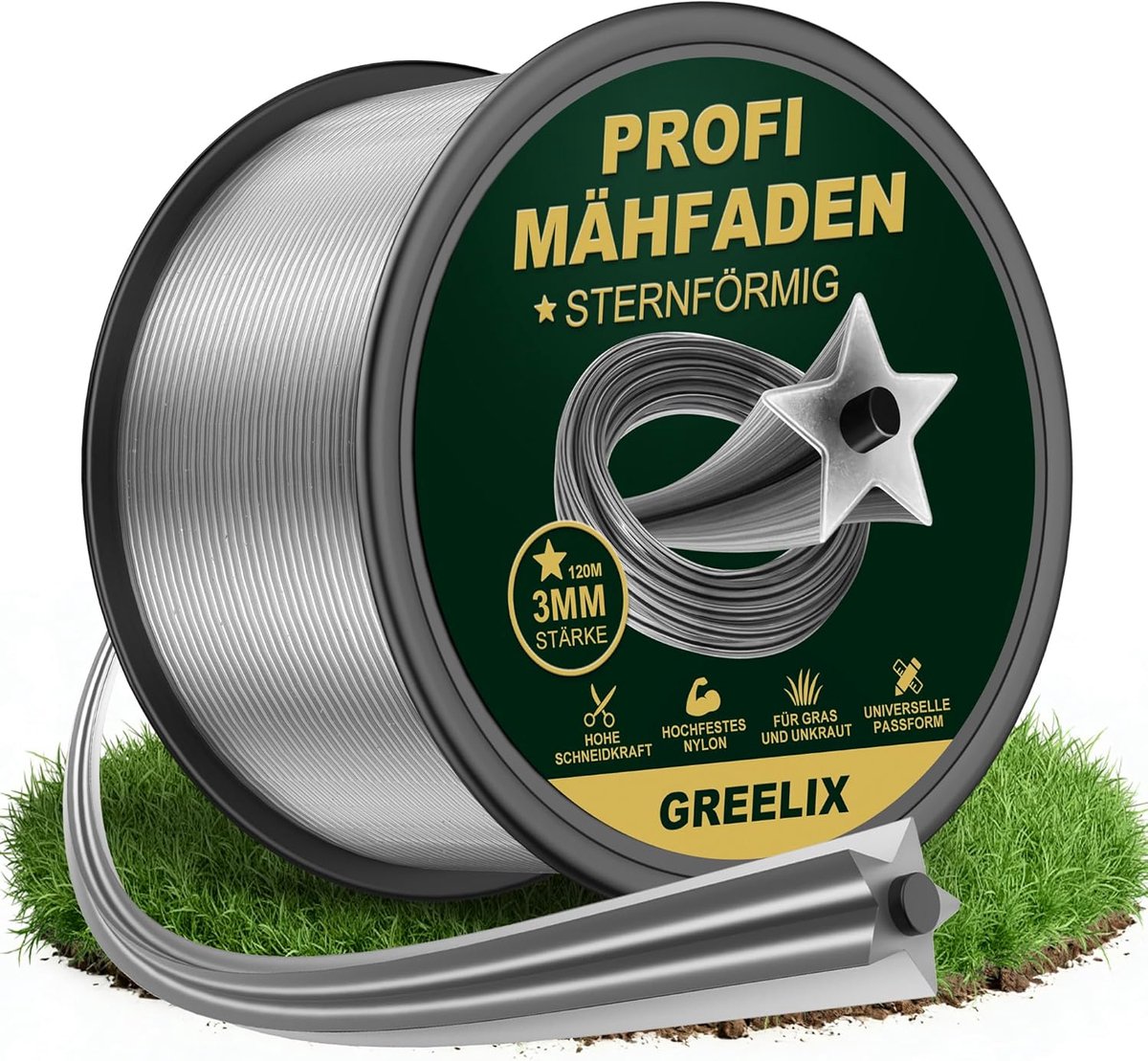 Thijox - Trimmerdraad 3 mm x 120 m, Stervormige Maaierdraad van Nylon voor Grastrimmers en Bosmaaiers, Slijtvast en Scheurvast, Voor Schone Sneden in
