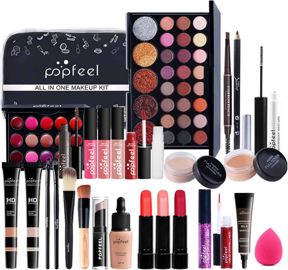 SnelShoppen - 28-delige complete make-upset, make-uppalet, cosmeticaset met oogschaduw, lippenstift, kwast, contourstift, mascara in elegante toiletta