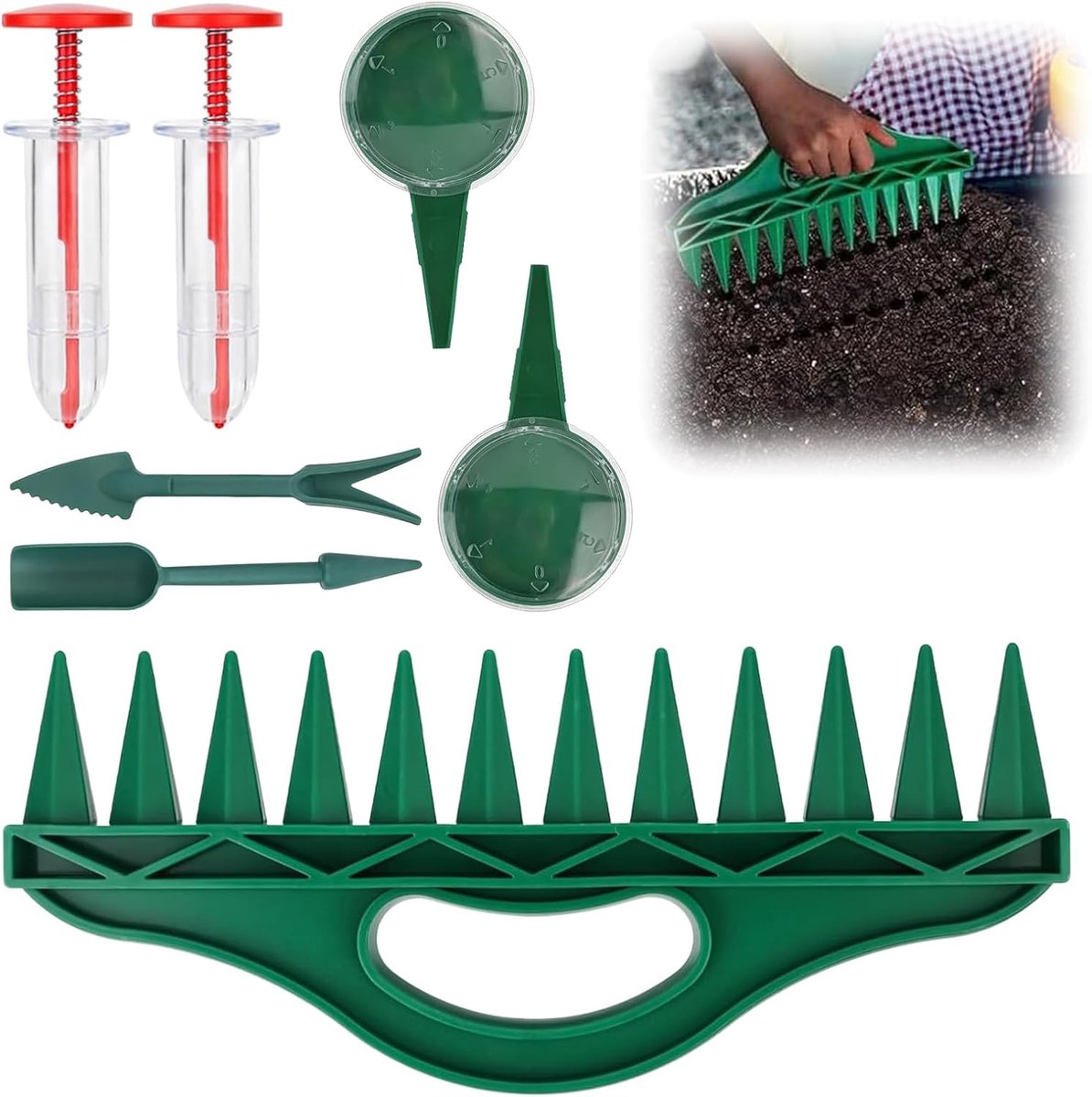 SnelShoppen - Set van 7 Tuinzaaihulp, Plantenhulpset met 2 Rode Zaaimachines, 2 Groene Schijven, Tuingereedschap, Hark voor Tuin, Planten, Moestuin en