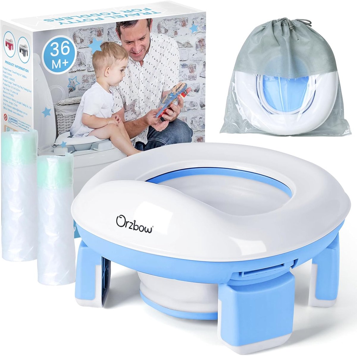 SnelShoppen - Opvouwbaar Reispotje voor Kinderen, Draagbaar Toiletbril Met 4 Poten, Inclusief 40 Vuilniszakken, Spatbescherming Voor Peuters, Blauw, I