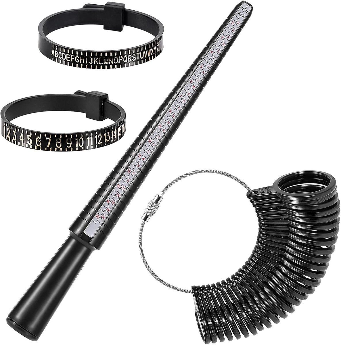 SnelShoppen - 4-delige set ringmaatmeter, ringstaaf, ringmaatband, ringmes voor vingers, ringsjabloon, maatstandaard UK EU VS, ideaal voor sieraden ma