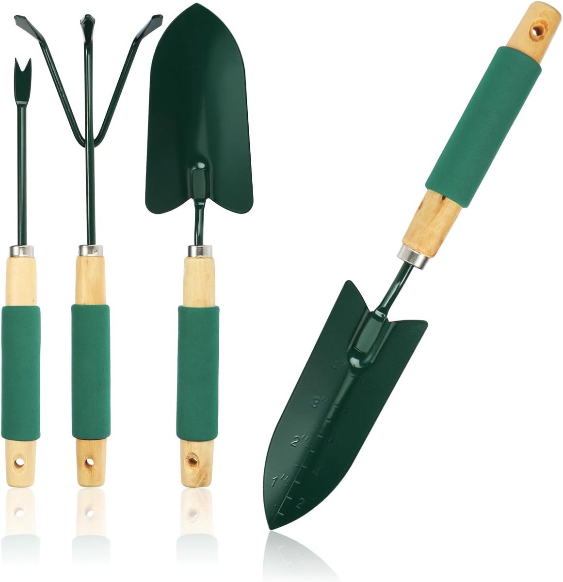 SnelShoppen - 4-delige Tuinset met Plantschep, Handschep, Bloemenhark en Onkruidsteker - Tuingereedschap voor Beplanting en Onderhoud - Robuuste Houte