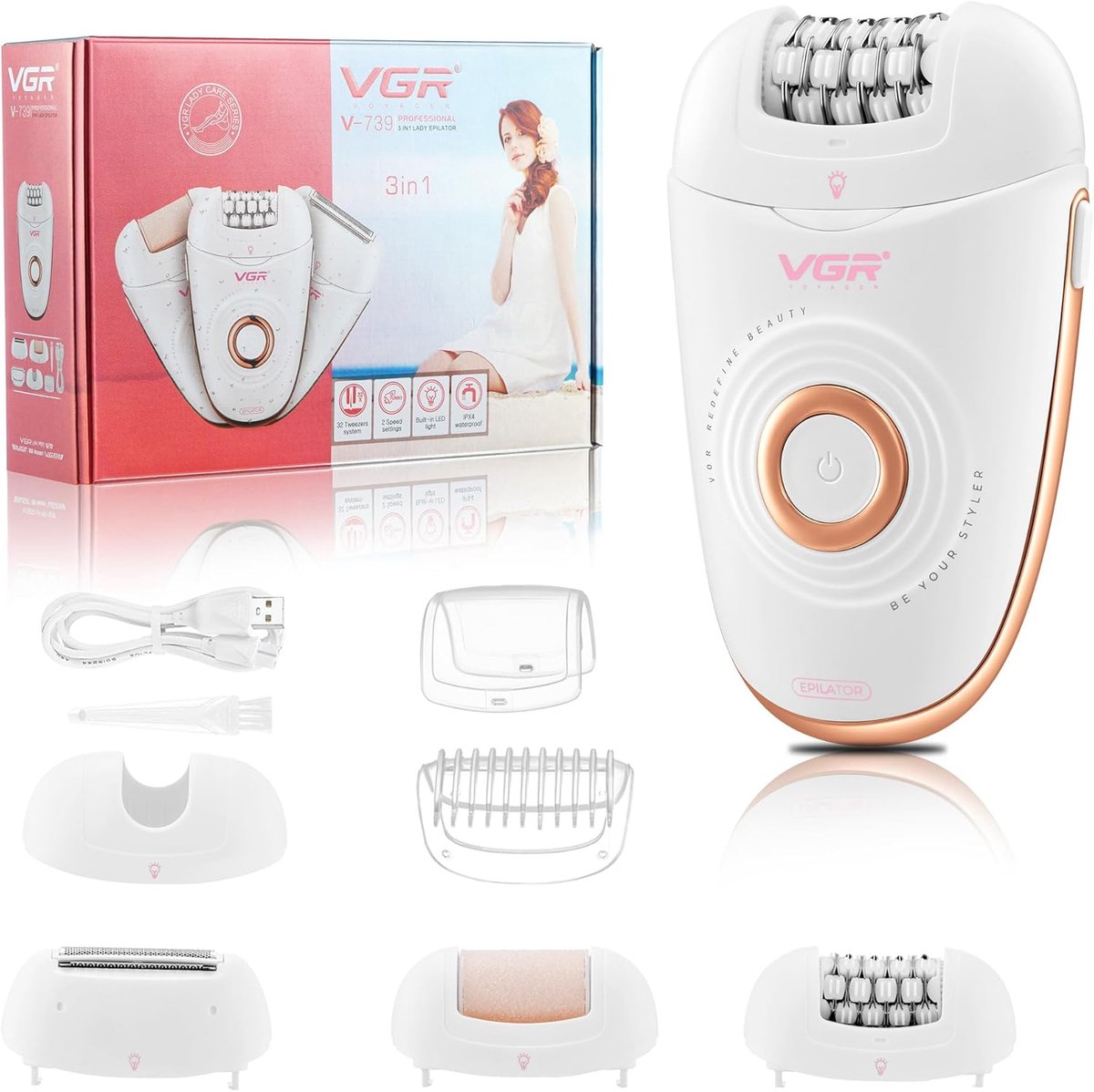 Thijox - Draadloze 3-in-1 Epilator voor Dames met IPX4 Waterbestendigheid | Intiem Scheerapparaat, Eeltverwijderaar, 2 Snelheden, LED Licht voor Gezic