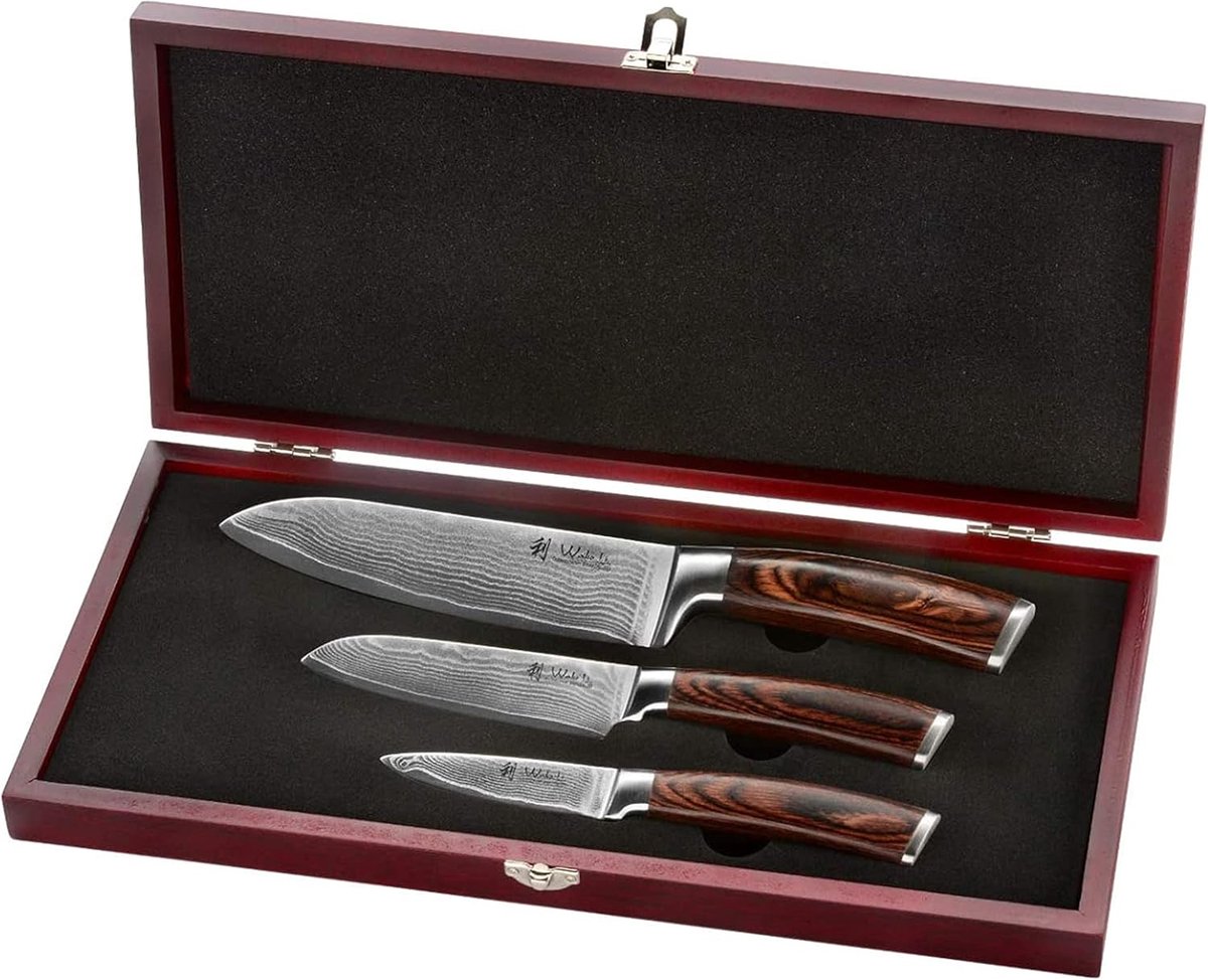 SnelShoppen - Professionele Damastmessenset 3 Stuks met 67 Lagen VG10 Kern - Extreem Scherp Keukenmessen met Pakkahouten Handvatten - Ideaal voor Koke
