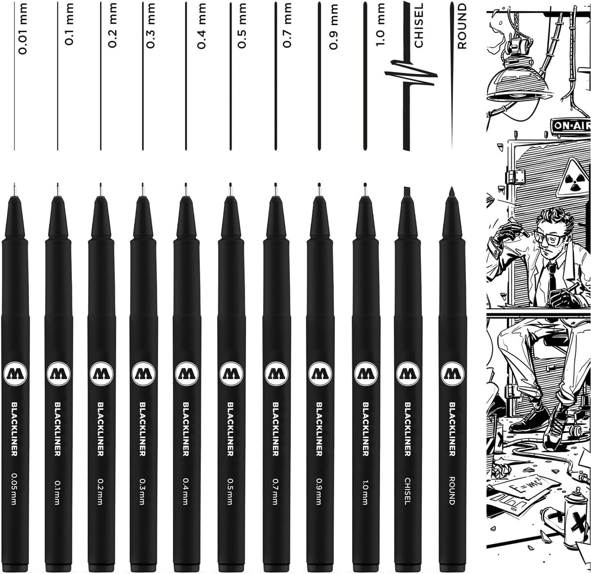 Thijox - Blackliner Marker Brush Set 11 Stuks Zwart - Waterbasis, Documentechte Inkt, Chemisch Bestendig, Perfect voor Schetsen, School en Contouren