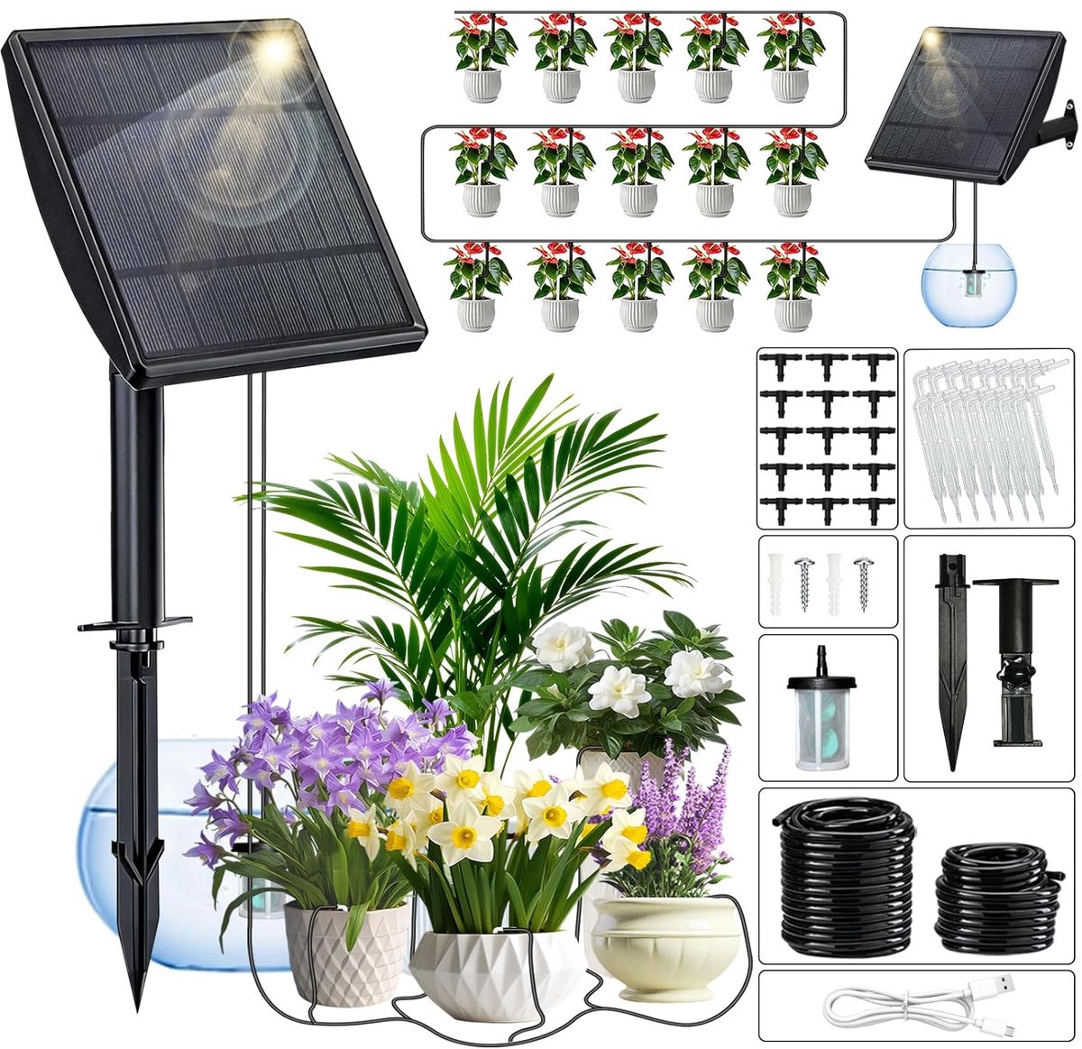 SnelShoppen - Irrigatiesysteem op Zonne-energie, Druppelirrigatie voor Potplanten, Balkon, Tuin, Broeikas - Automatisch, Efficiënt, 750 ml/min, Duurza