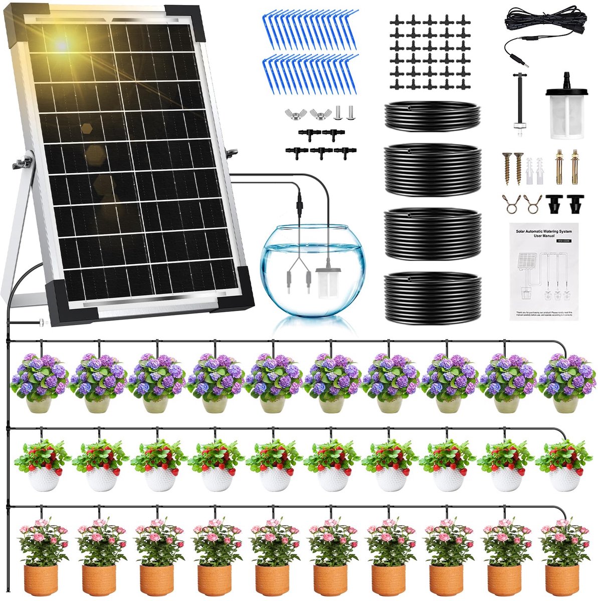 SnelShoppen - Automatisch Bewateringssysteem op Zonne-energie voor 30 Potplanten, 30 m Slang, 300 Irrigatiemodi, Druppelirrigatie voor Tuin, Broeikas,
