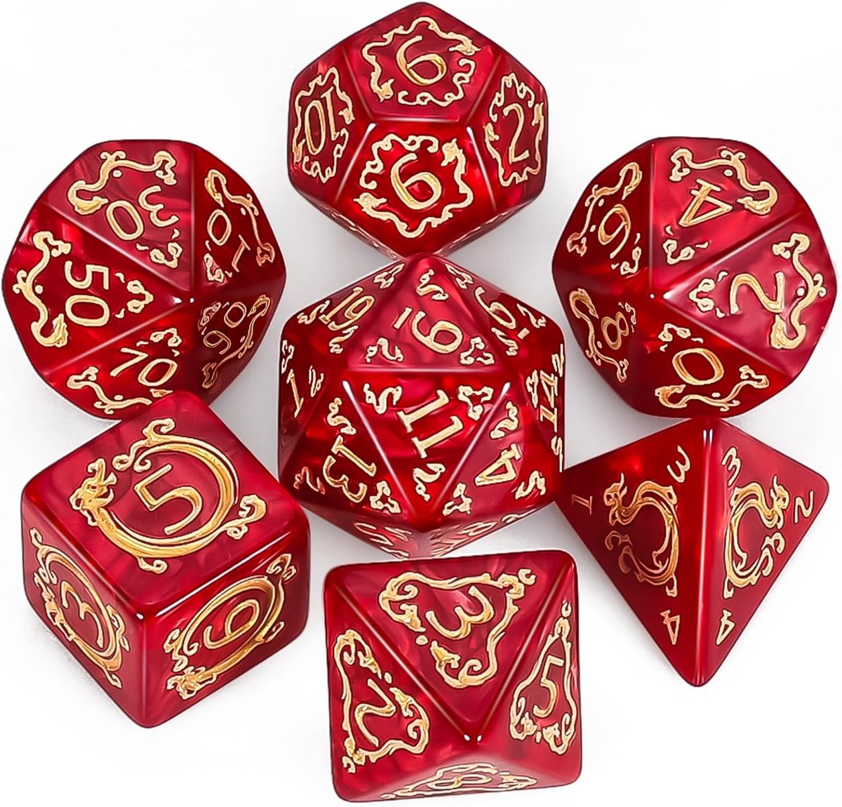 SnelShoppen - Polyedrische Speeldobbelstenen Set - 7 Stuks D&D Dice met Rode Drakenpatroon - D20, D12, D10, D%, D8, D6, D4 - Ideaal voor Dungeons & Dr