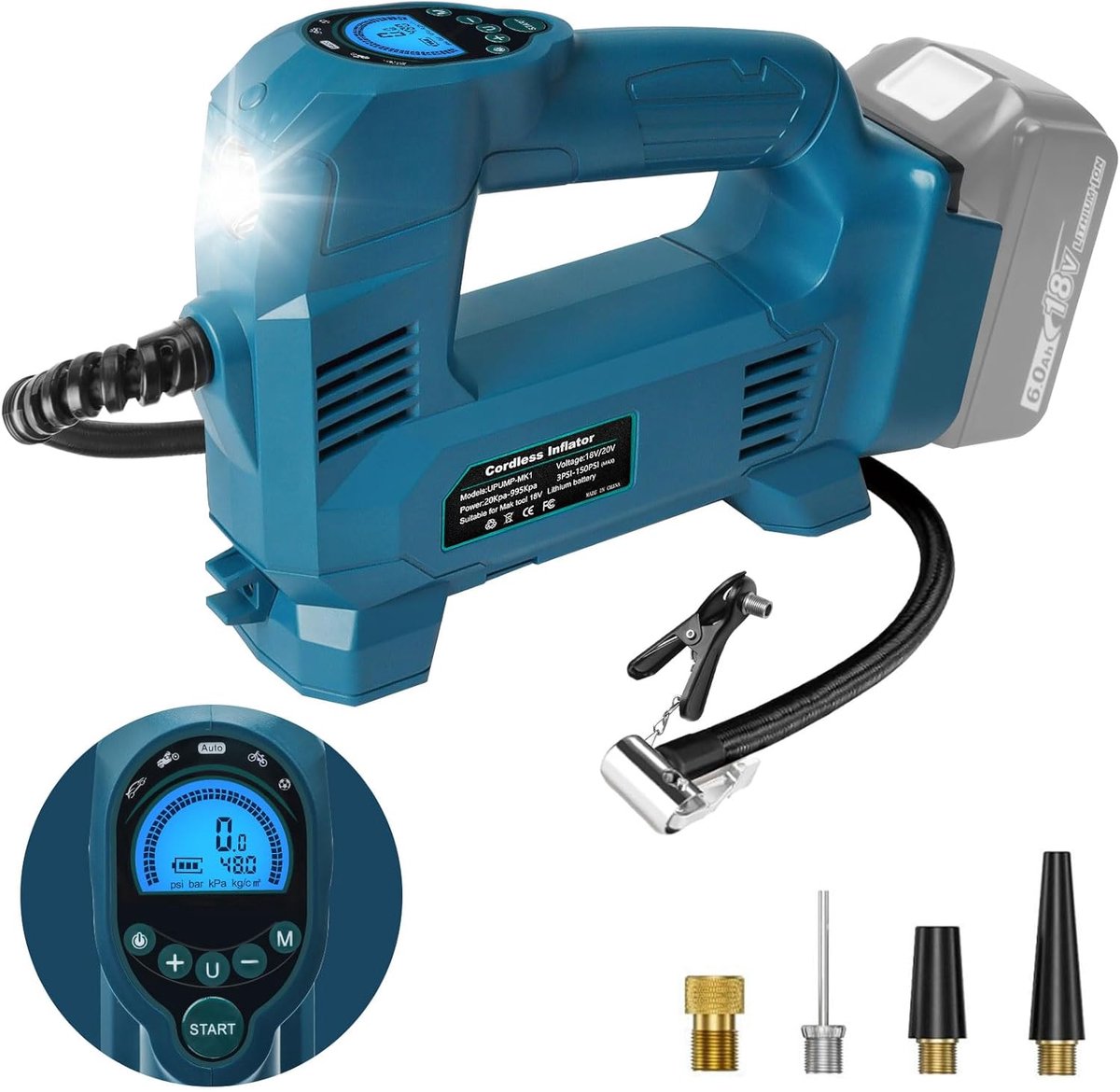 SnelShoppen - Draagbare Luchtcompressor 10.3 Bar - Geschikt voor Makita 18V Batterij, Auto Stop, LED Verlichting, Voor Auto, Motor, Fiets, Ballen, Zon