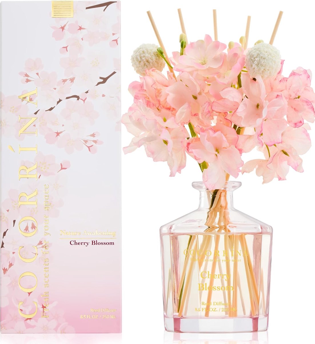 SnelShoppen - Geur diffuser met 8 geursticks 250 ml - Kersenbloesem Natuurlijke Luchtverfrisser voor Slaapkamer, Kantoor, Badkamer - Master Collectie