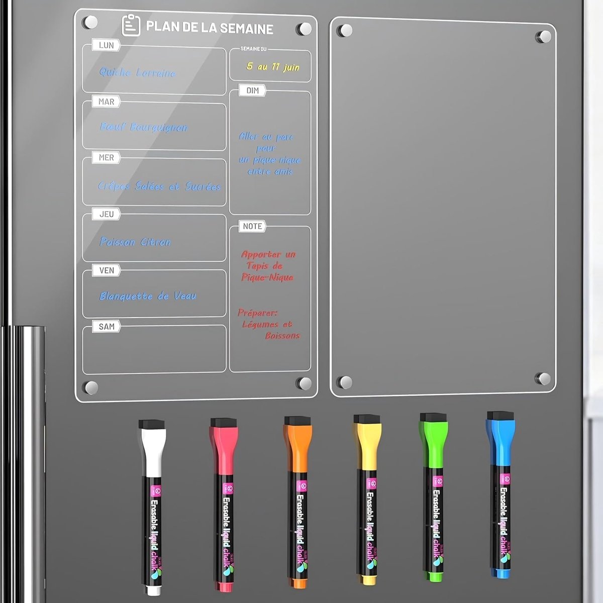 SnelShoppen - Set van 2 Wasbare Weekly Planners - Magnetisch Koelkastbord Acryl met 6 Krijt Pennen - A4 (30 x 20cm) voor To-Do Lijsten, Boodschappenli
