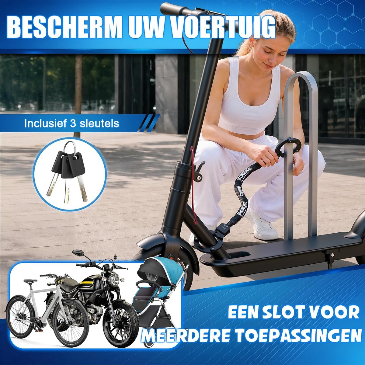SnelShoppen - E-Step Slot Handboeislot, Diefstalbestendig, Krasbestendig, Gehard Stalen Kettingslot voor Elektrische Step, E-Bike, Scooter - Zwart - H