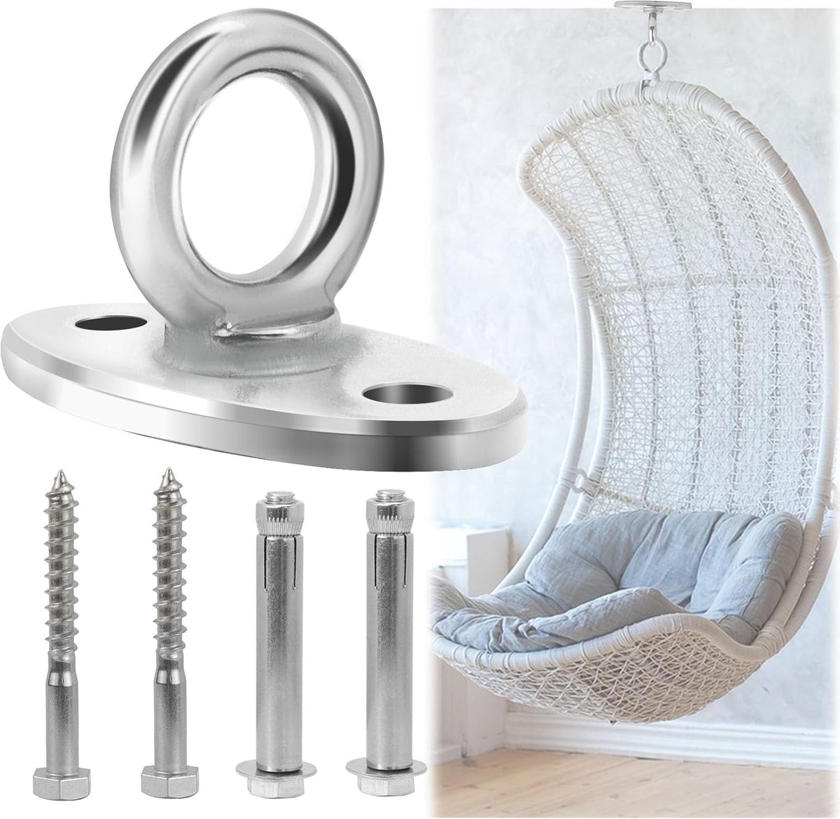 SnelShoppen - Heavy Duty M8 Ceiling Hook - 500 kg - Hoogwaardige RVS 304 Wandhaak voor Hangmat, Sling Trainer, Yoga, Punching Bag, Houten Balken