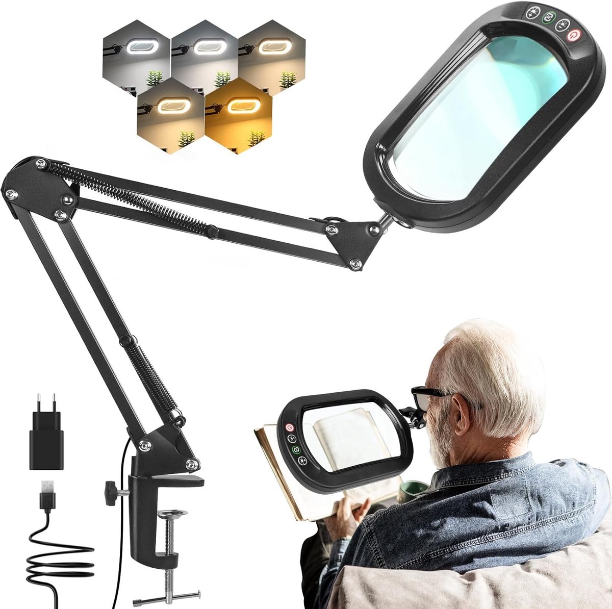 SnelShoppen - Vergrootglas met Licht, Vergrootlamp voor Hobby, Lezen, Handwerken, 5x Vergroting, LED Verlichting, Draagbaar, Ideaal voor Ouderen en De