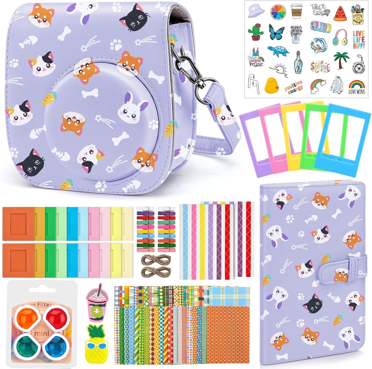SnelShoppen - Instant Camera Accessory Set voor Fujifilm Instax Mini 12 - PU Leder Tas, Foto Album, Filters, Stickers, Lijsten, Paars - Compleet Set v
