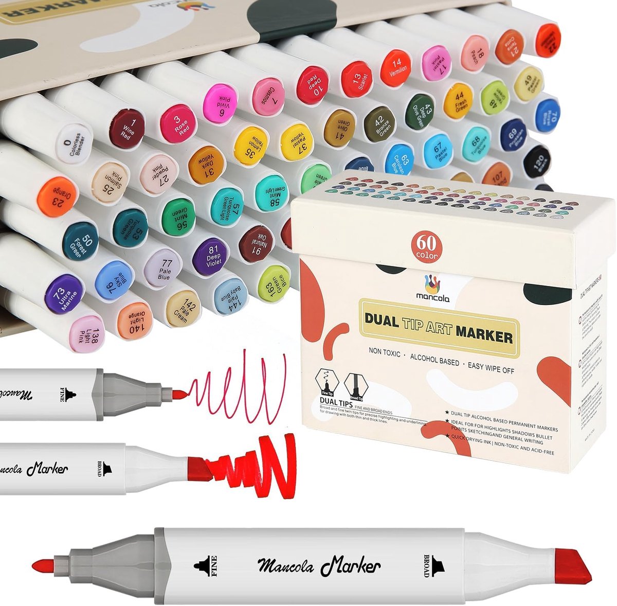 SnelShoppen - Highlighters Set 60 Kleuren, Dubbele Tips, Alcohol Viltstiften voor Volwassenen, Permanent Kleur voor Tekenen en Markeren, Creatief Schr