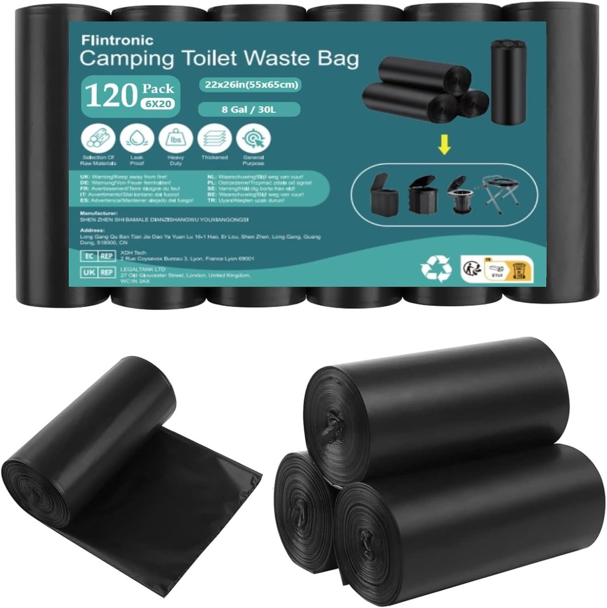 SnelShoppen - 120 Stuks Toilettasjes voor Camping, 6 Rollen Waterdichte Afvalzakken, Ideaal voor Kamperen, Hiking, Reizen, Keuken en Thuis, 20L Capaci