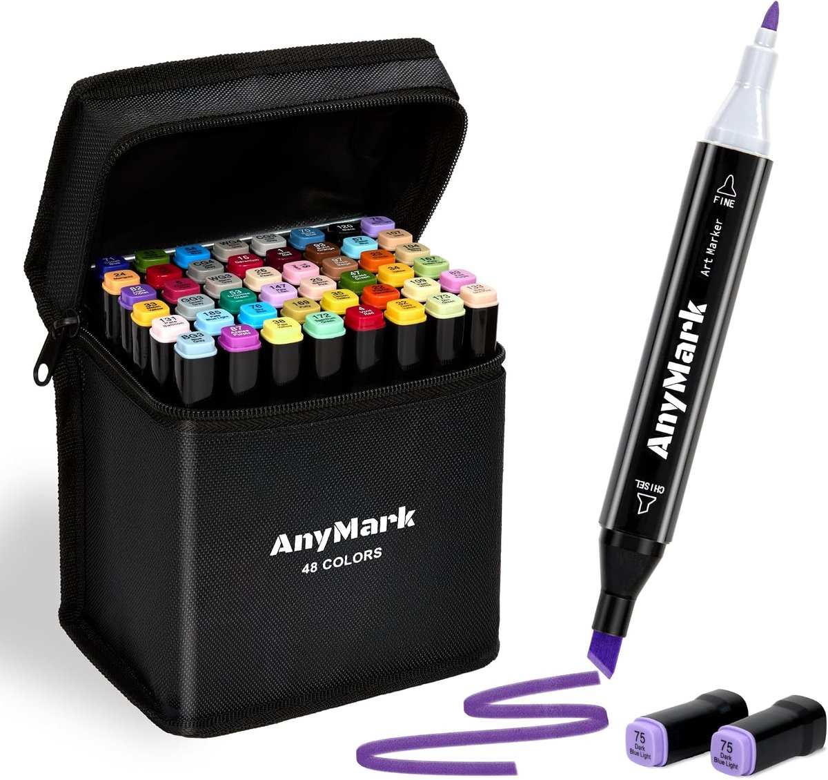 SnelShoppen - 48 Kleuren Alcohol Markers, Dubbelpunt met Chisel & Fijne Tip, Professionele Alcohol Pennen voor Tekenen, Kleur, Illustraties & Manga