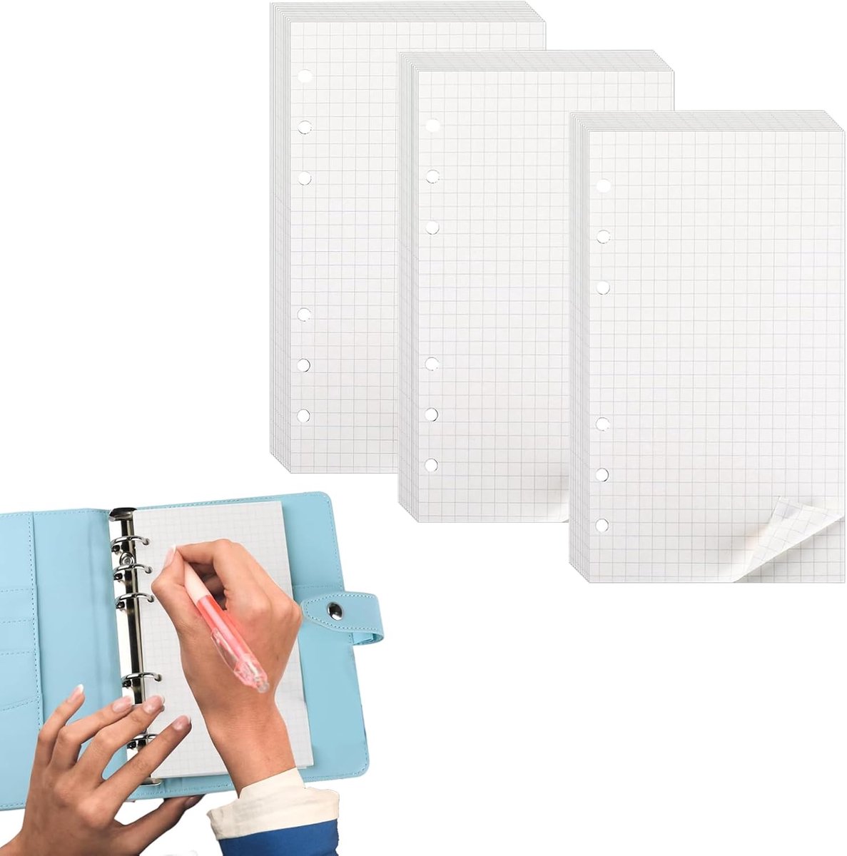 SnelShoppen - 135 Vellen A6 Navullingen, 3-Pack Gekruist Papier met 6 Gaten, Losse Notitiebladen voor Mappen, Notitieboek, Bullet Journal, Wit
