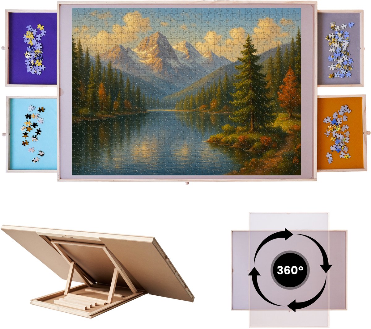 TriMaStore Puzzeltafel 1500 Stukjes – 360° Draaibaar & Kantelbaar – Uitklapbaar Puzzelbord met 4 Magnetische Lades, Antislip & Cover – Verstelbare Houten Puzzelplaat – Direct Klaar voor Gebruik