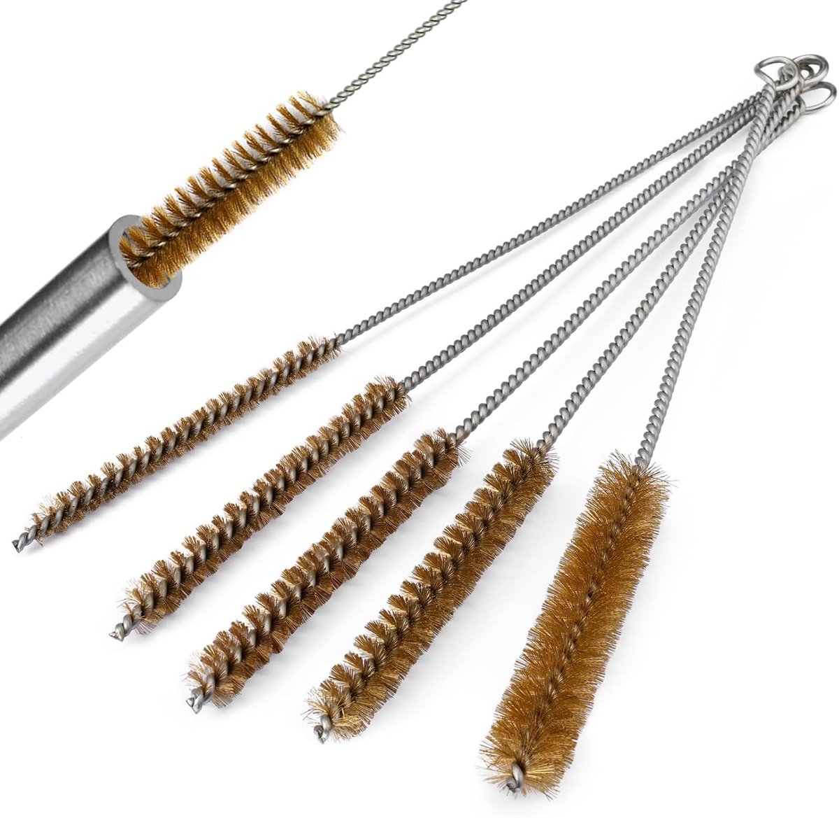 SnelShoppen - 5-delige Messing Borstelset, Lange Handgreep Boor Borstels voor Reinigen van Pijp Holes, 8/10/12/15/20mm, Ronde Borstels voor Diverse Sc