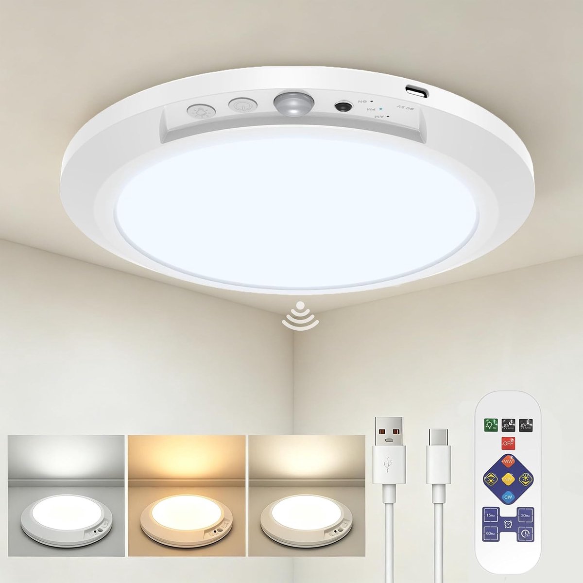 KZQ Led Plafondlamp Met Bewegingssensor - 3 Kleurtemperaturen - 5w - 4000mah - Oplaadbaar - Met Afstandsbediening - Dimbaar - Ip44 Waterdicht - Ultraplat Design - Geschikt Voor Hal Badkamer Garage Kast Trap En Kelder - Wit