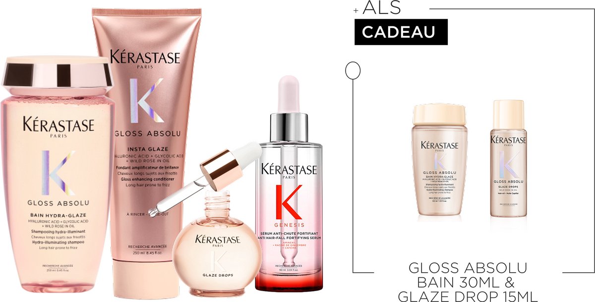 Kérastase Gloss Absolu Anti-Frizz & Genesis Routine + 2 Cadeaus - Shampoo 250ml, Conditioner 250 ml, Haarolie 45ml & Serum 90ml + Shampoo 80ml & Scalp Brush Cadeau - Voor Lang Haar Gevoelig Voor Pluis