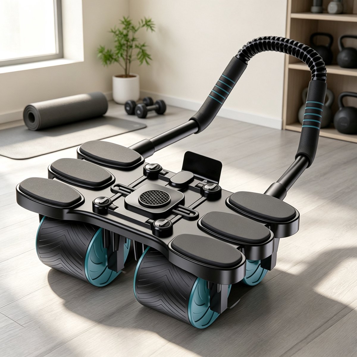 Dit automatische buikspierwiel met vier wielen en terugvering voorzien van zachte elleboogsteunen en kniebeschermers is ideaal voor thuisworkouts en beginners die hun taille en buik willen slanker maken. (Zwart/Groen) 15*26*35 cm