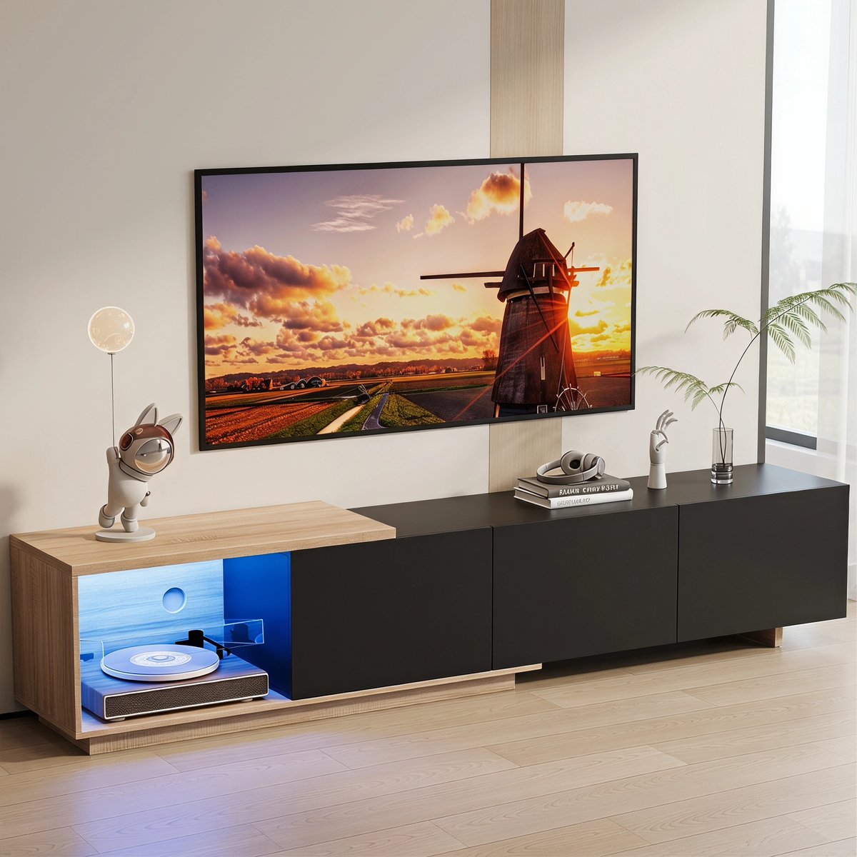 LED-TV-Meubel, Wandgemonteerd TV-Meubel, Houten TV-Meubel met 3 Lades en Verlichting, Modern TV-Meubel, TV-Tafel voor de Woonkamer, Geschikt Modern Home-Entertainment (Zwart)