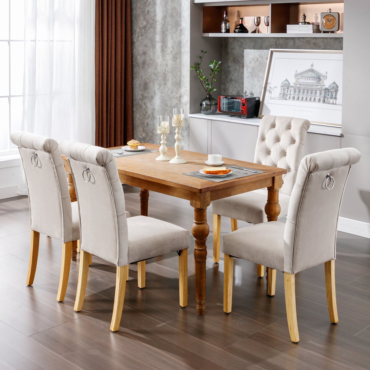 COVREO Eetkamerstoel set van 4 100 x 43 cm - velvet, eiken poten, knoopdetails, beige