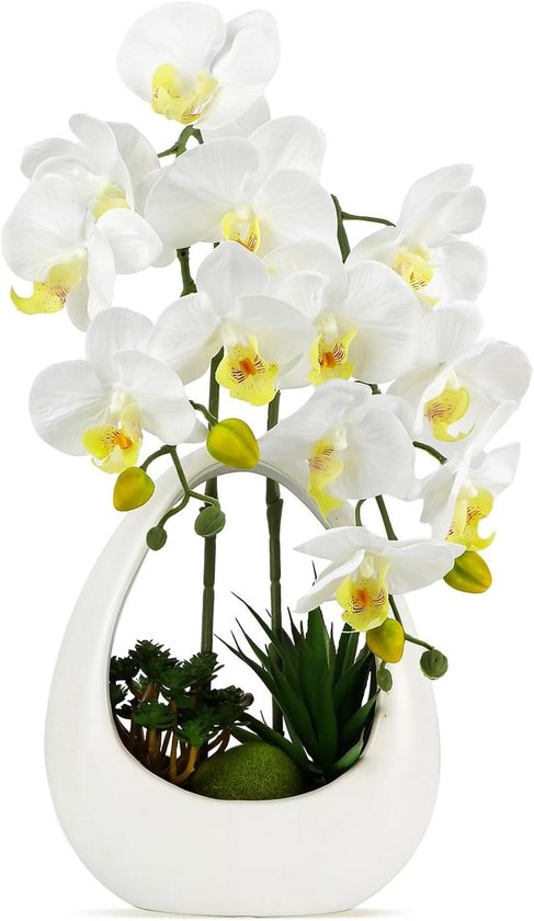 Kunstorchideeën in pot - Zijden bloemen - Interieur decoratie - Levensecht design - 39 cm hoog - Wit